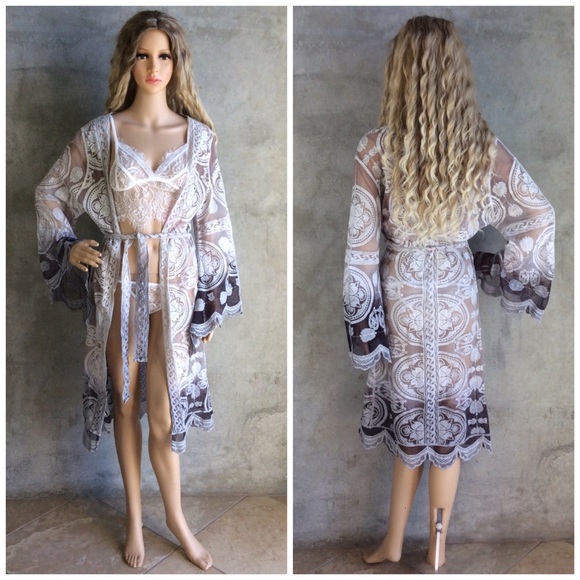 🌸 ROBE OMBRE LACE BELL SLEEVE KAFTAN DUSTER BOHO FESTIVAL BOHEMIAN MIDI KIMONO - Picture 7 of 8